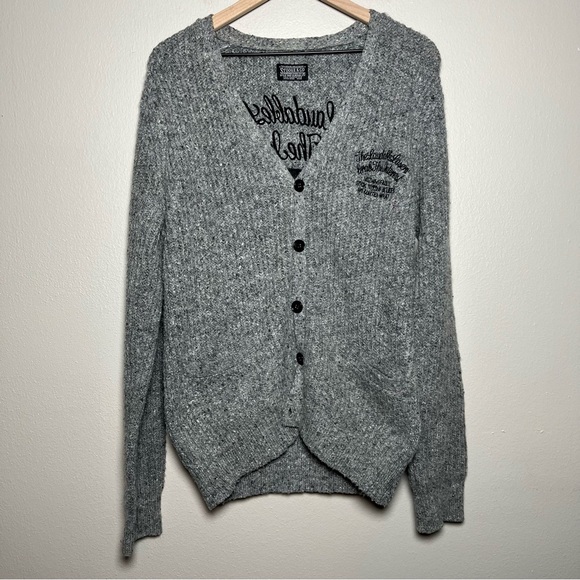 Stoogie & Co Men Cardigan Sweater Large Gray Button Front Japanese Wool Spellout - Picture 1 of 11
